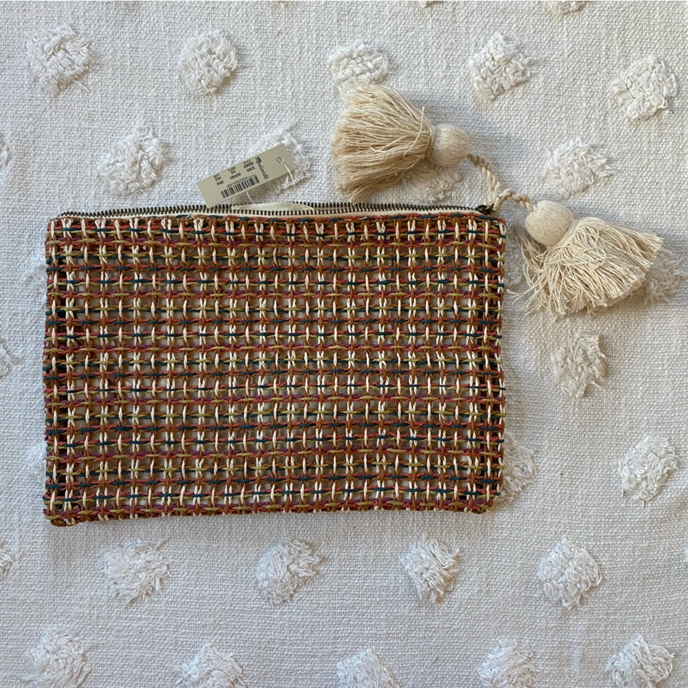 Madewell Raffia Large Zip Pouch 2 Tassels Rainbow Weave Clutch Beach Coastal - Picture 3 of 8